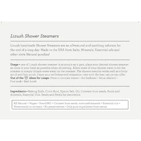 Lizush handmade shower steamer, an all-natural and soothing product made in the usa from salts, minerals, essential oils, and other 100% natural ingredients.