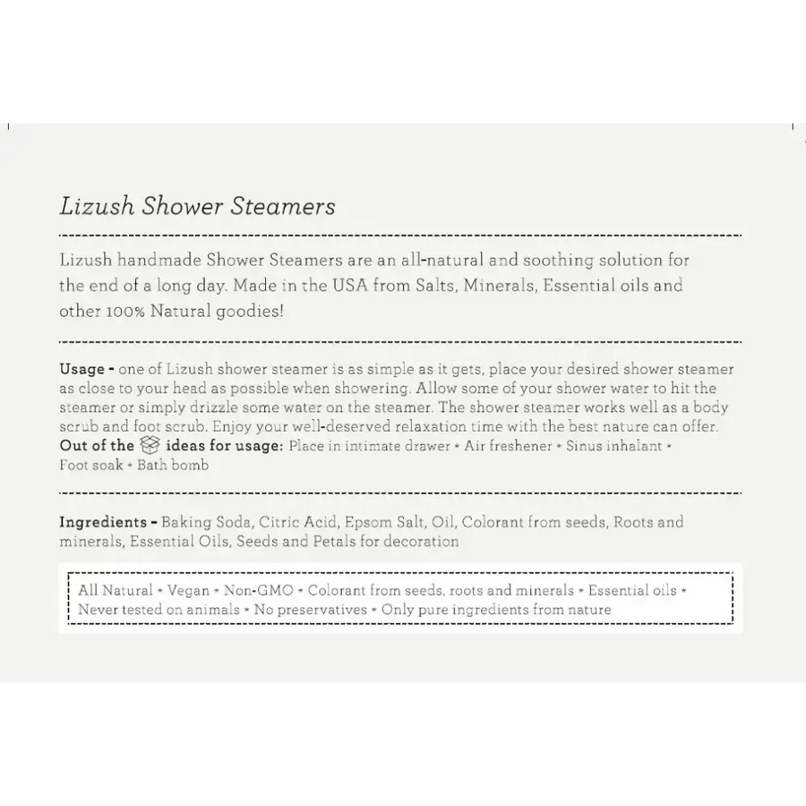 Lizush handmade shower steamer, an all-natural and soothing product made in the usa from salts, minerals, essential oils, and other 100% natural ingredients.