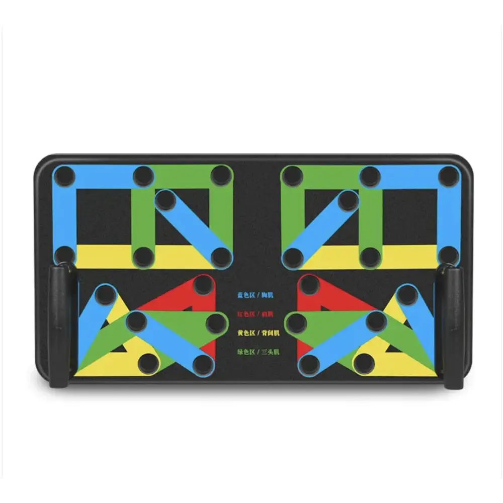 Black plastic exercise mat with colorful, interlocking resistance bands in blue, green, yellow, and red arranged for various workouts.
