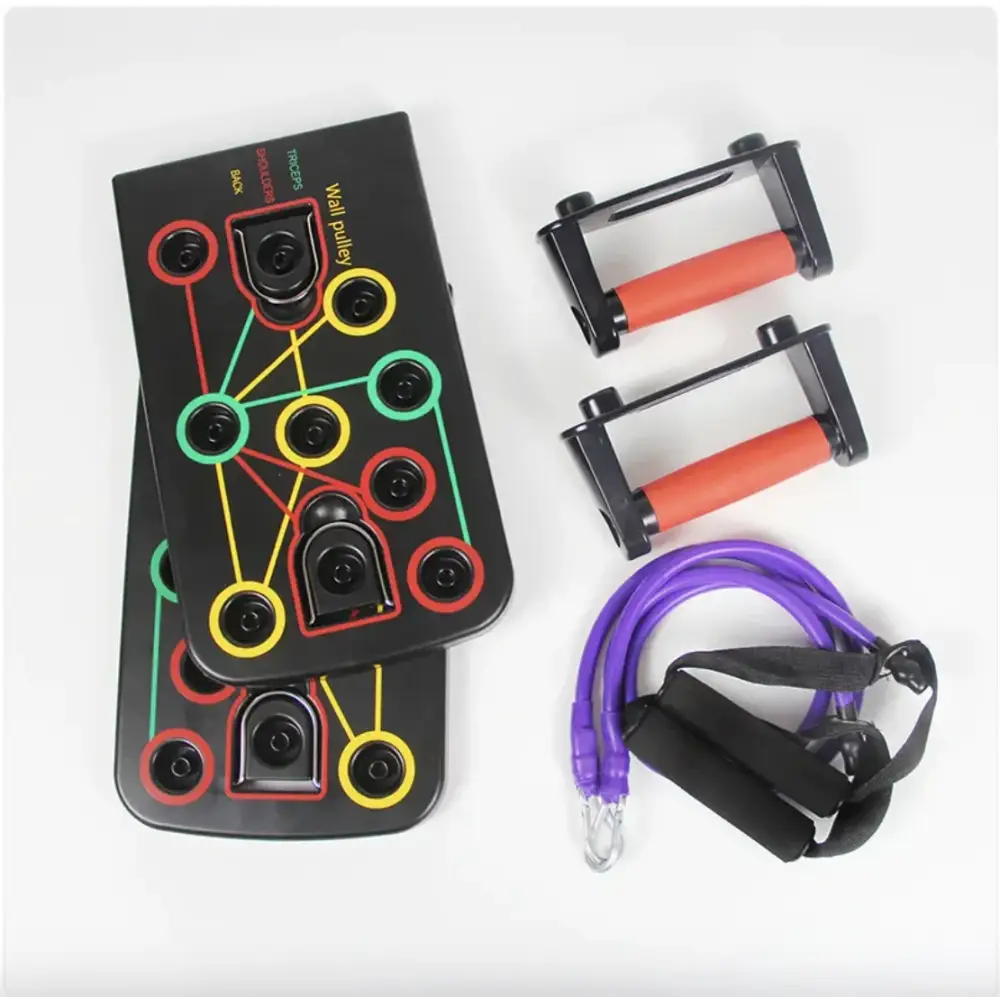 Black wall push-up pad with colorful circular buttons and labeled exercise zones.
