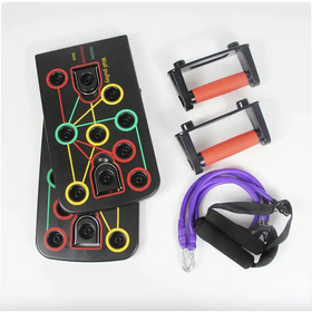 Black wall push-up pad with colorful circular buttons and labeled exercise zones.