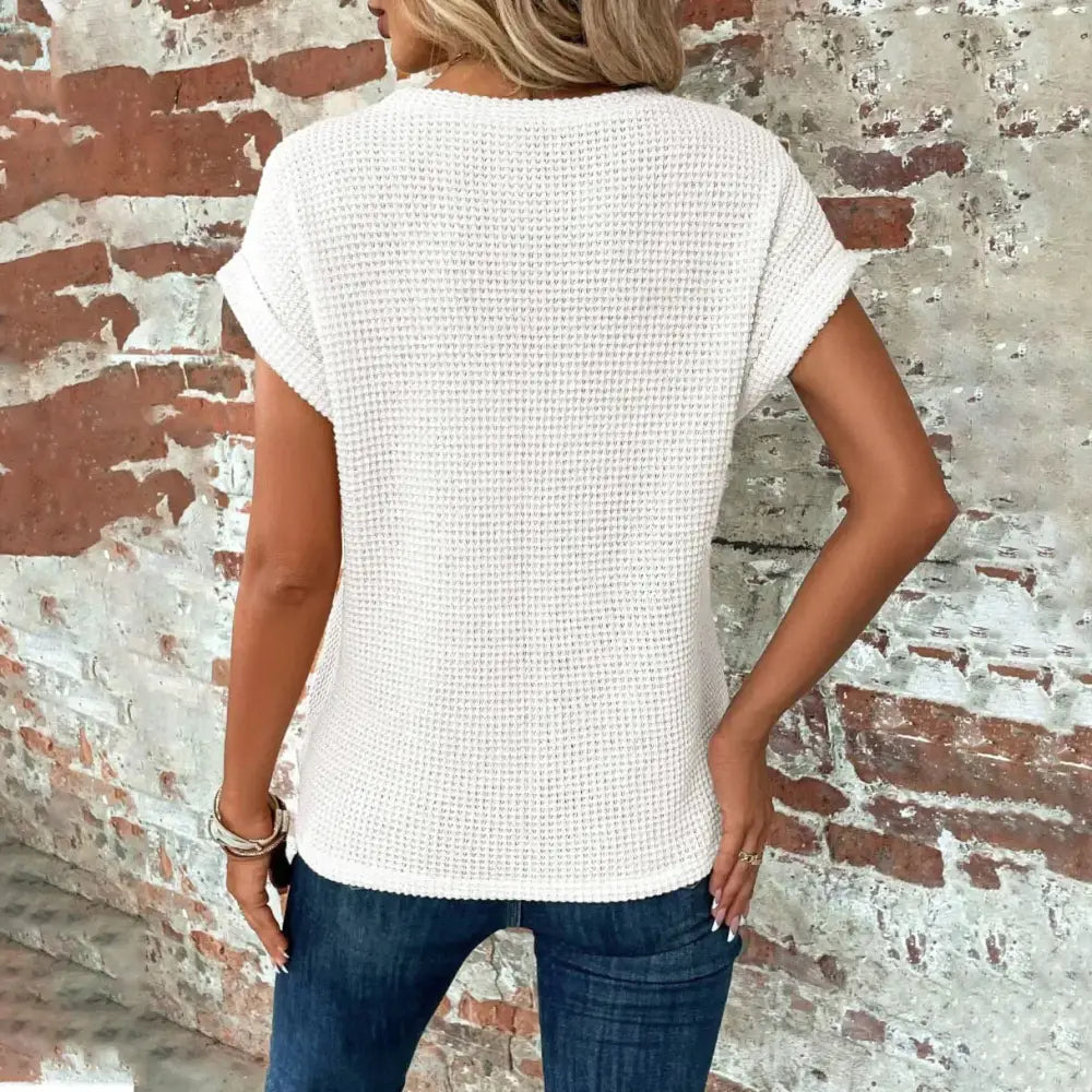 White waffle-knit short-sleeved top
