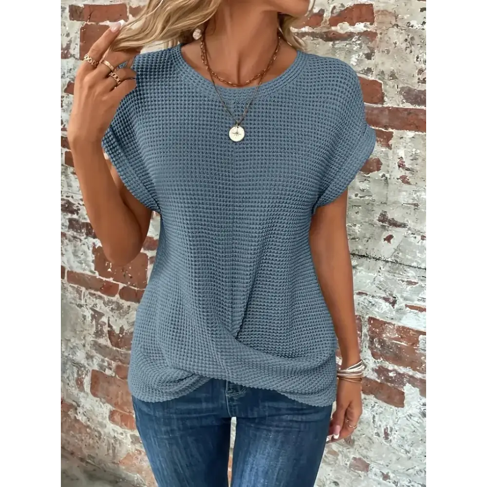 Blue waffle-knit short-sleeved top