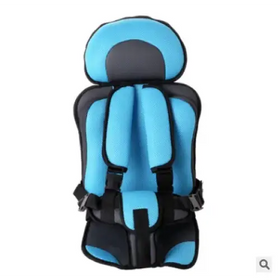 Blue and black child car seat with padded mesh fabric and adjustable straps.