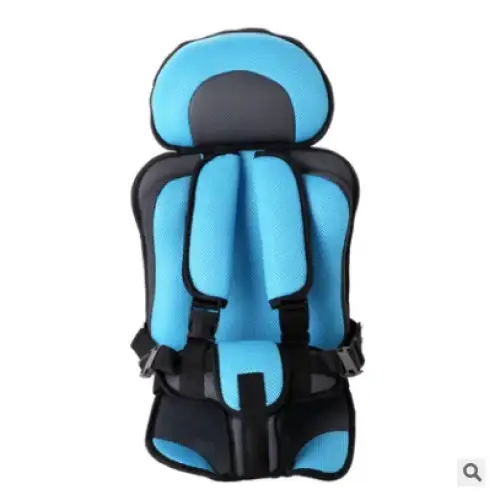 Blue and black child car seat with padded mesh fabric and adjustable straps.