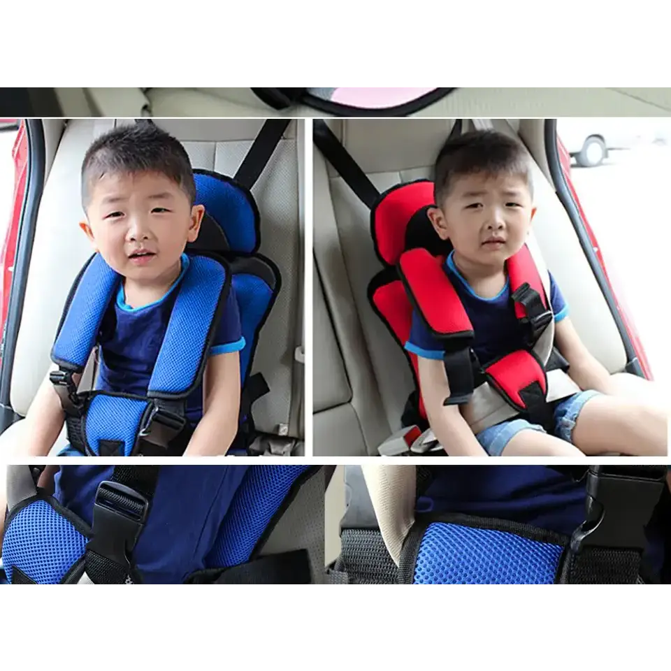 Blue and black mesh fabric child car seat with adjustable straps.
