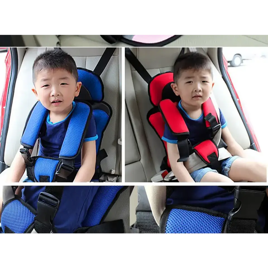 Blue and black mesh fabric child car seat with adjustable straps.