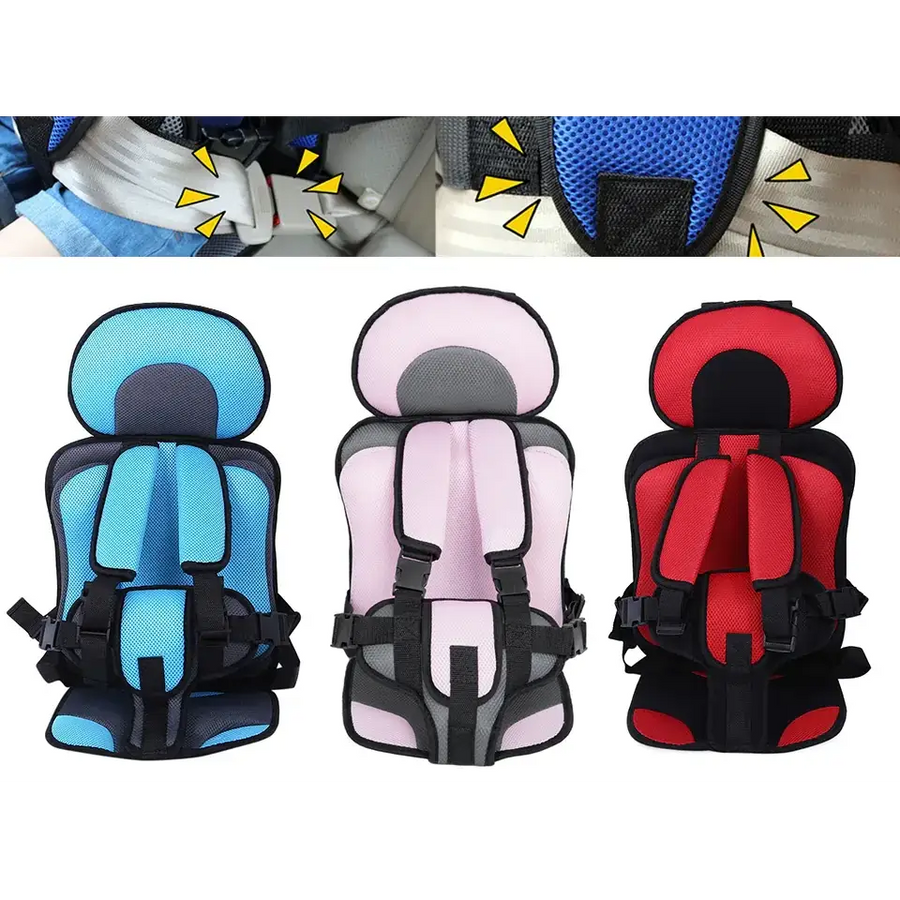 Blue, pink, and red child car seat safety harnesses with mesh fabric and black straps.
