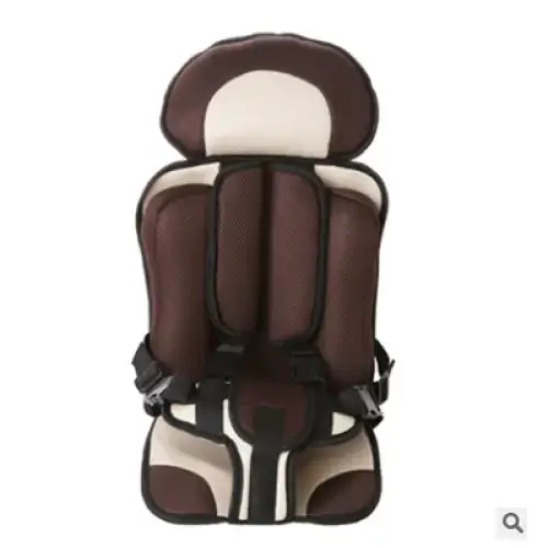 Brown and cream mesh car seat with padded headrest and adjustable straps.