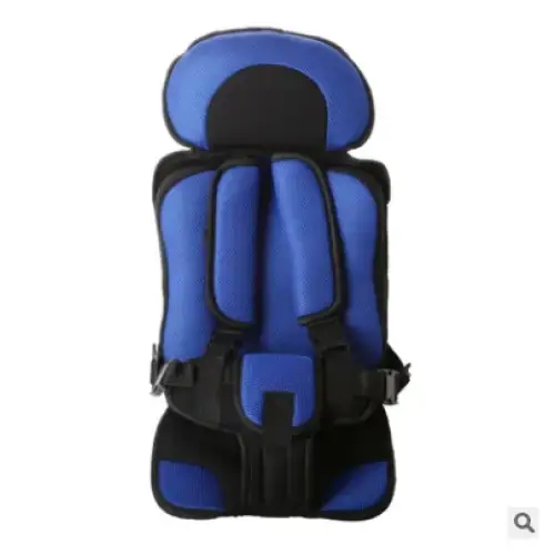 Blue and black mesh toddler car seat with adjustable straps.