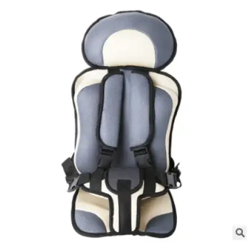 Gray and cream-colored mesh car seat cushion with black straps.