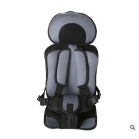 Gray and black mesh-backed child car seat with adjustable straps.