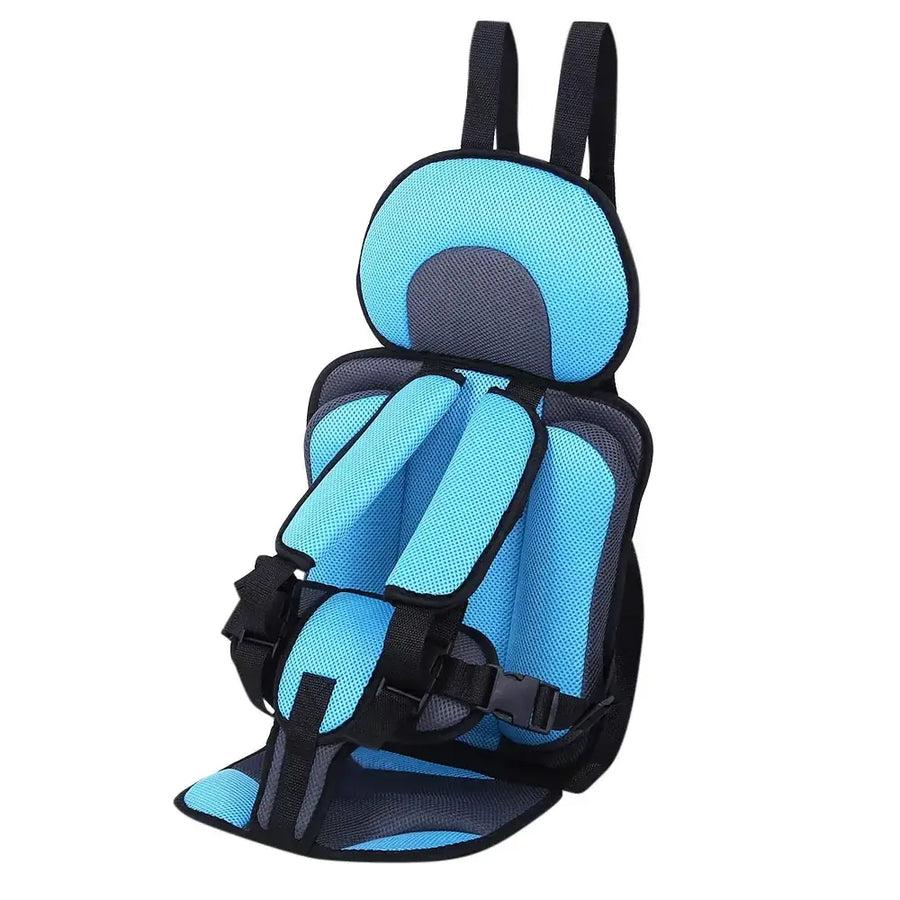 Blue and black mesh car seat with padded headrest and adjustable straps.