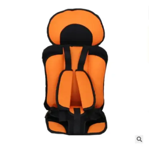 Orange and black child car seat with padded fabric upholstery.