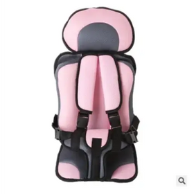 Pink and black padded car seat with adjustable straps.