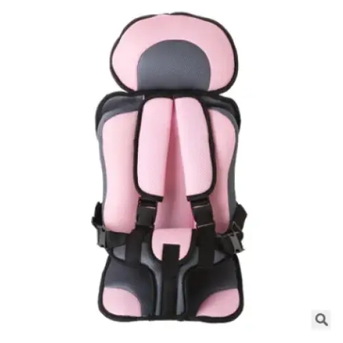 Pink and black padded car seat with adjustable straps.