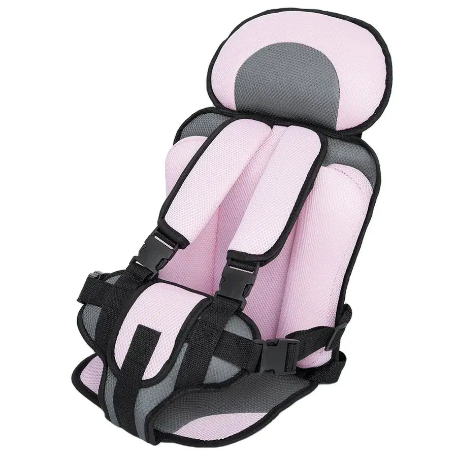 Pink and gray mesh baby car seat with black straps and buckles.