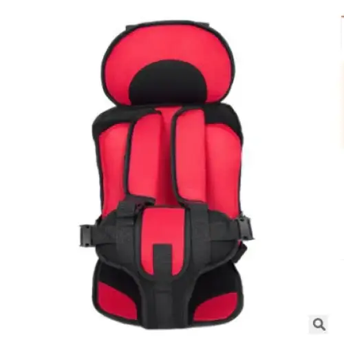 Red and black padded car seat with adjustable harness straps.