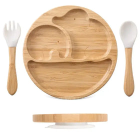 Bamboo elephant-shaped baby plate with three compartments and matching bamboo utensils.