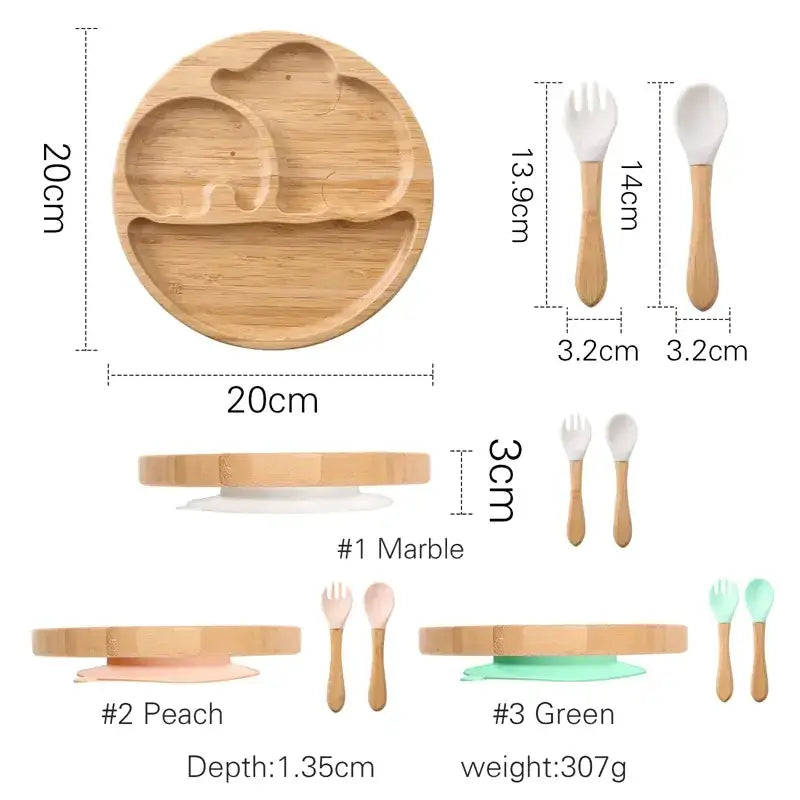 Round bamboo baby plate with elephant and apple-shaped compartments, 20cm in diameter.