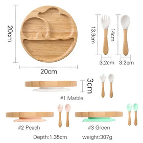 Round bamboo baby plate with elephant and apple-shaped compartments, 20cm in diameter.