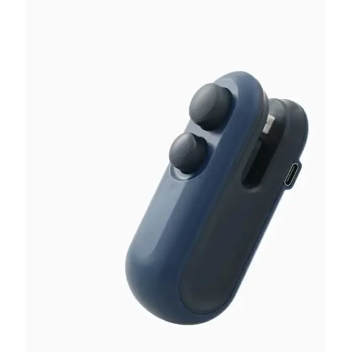 Blue silicone handheld massager with two black spherical massage heads and a usb-c charging port.