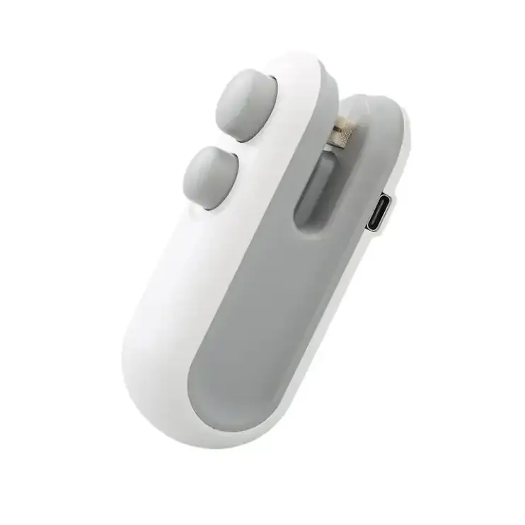 A sleek, two-tone gray and white portable phone charger with a usb-c port and dual circular buttons.