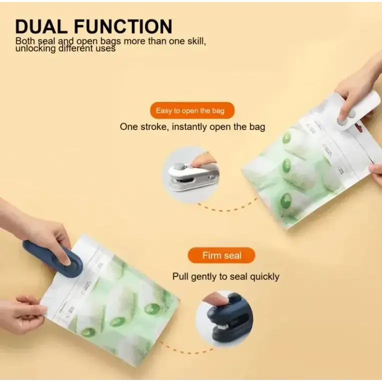 Blue and silver dual-function bag sealer with a sleek, compact design for quick sealing or opening.