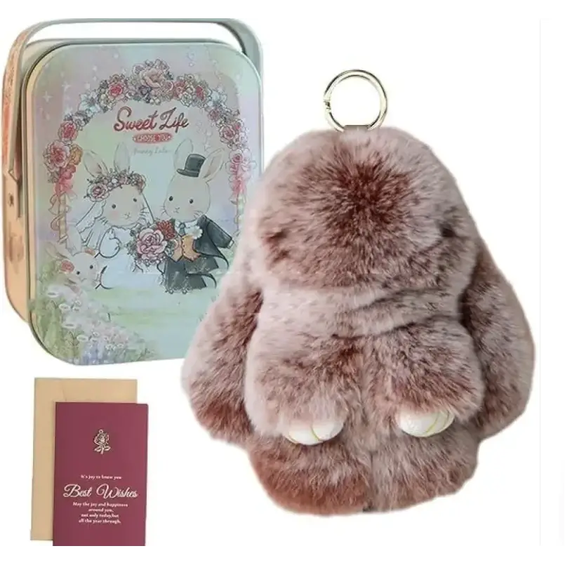 A plush, taupe-colored bunny keychain with soft fur and white paw pads.