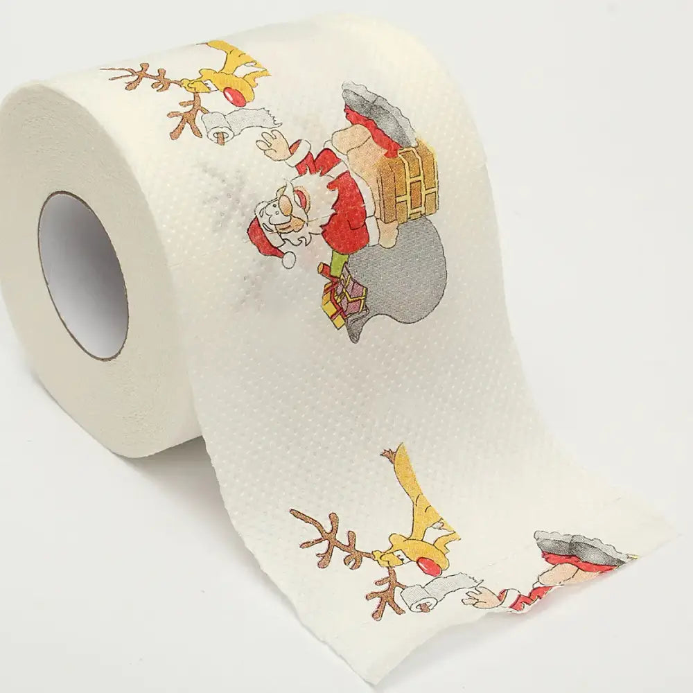 A roll of white toilet paper featuring a festive christmas design with santa claus and reindeer.