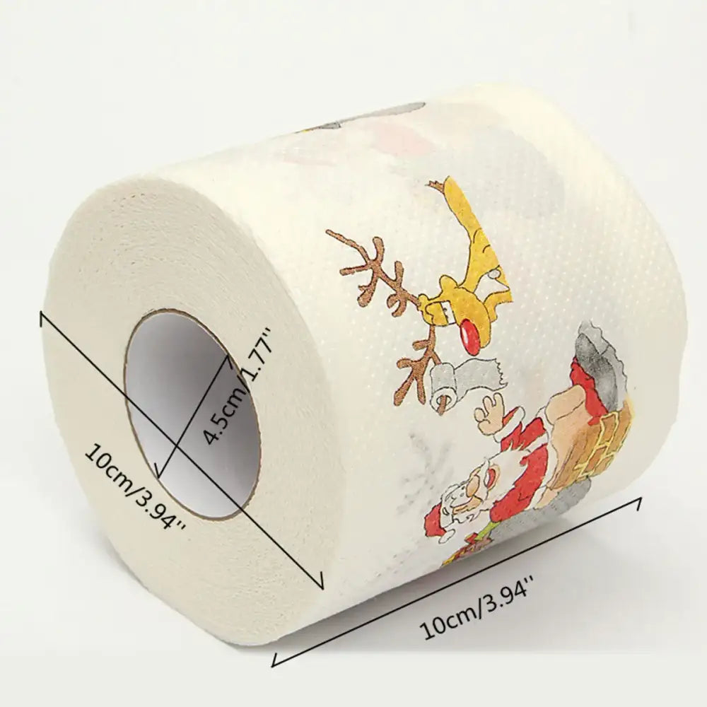 A roll of white toilet paper featuring a festive christmas design with santa claus and a reindeer.