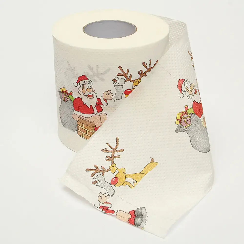 A roll of white christmas-themed toilet paper featuring illustrations of santa claus, reindeer, and snowflakes in red, brown, yellow, and gray.