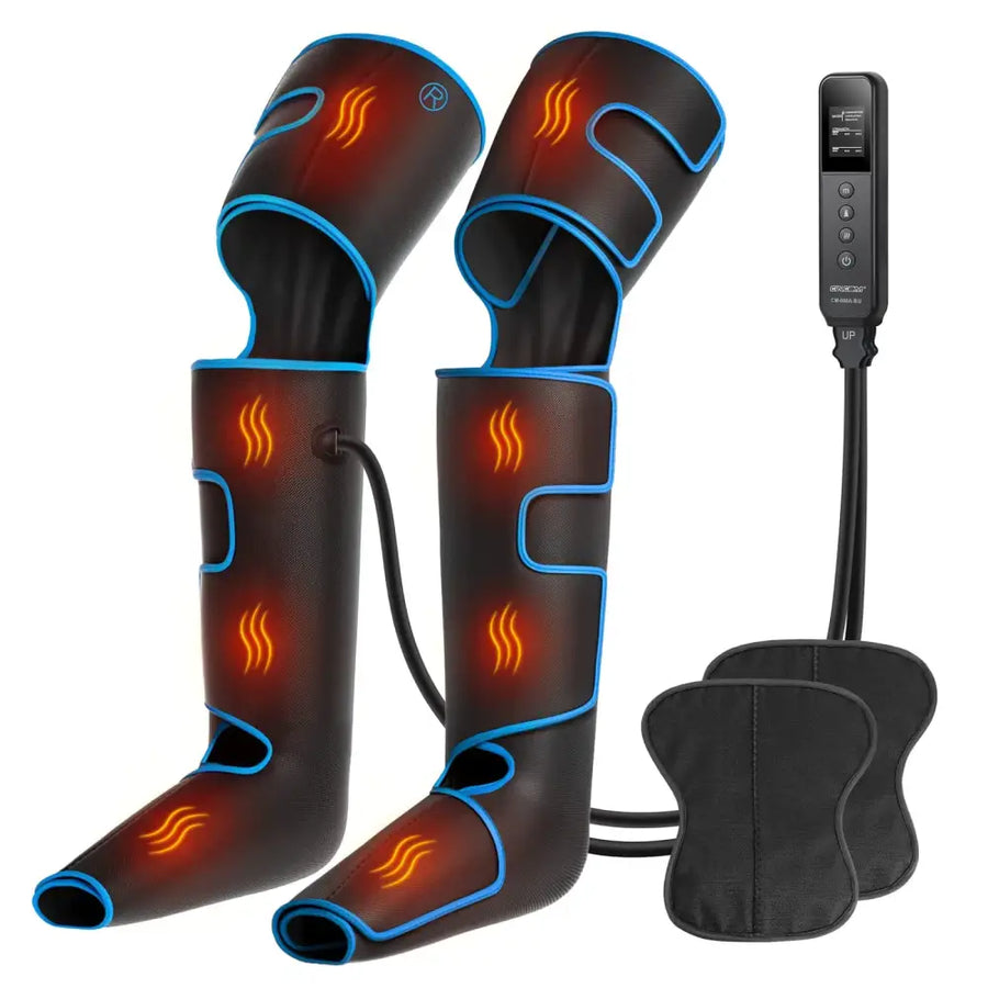 Black and blue heated leg massager with glowing orange heat symbols on the surface.