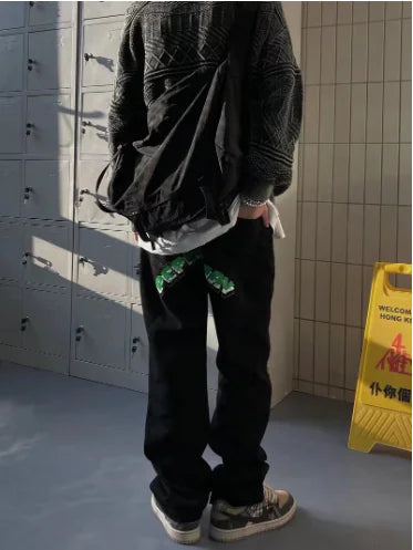 Men's Straight Loose-Fitting Wide-Leg Letter Jeans