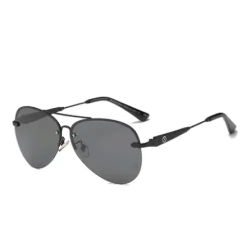 Black aviator sunglasses with dark gray lenses and a sleek metal frame.