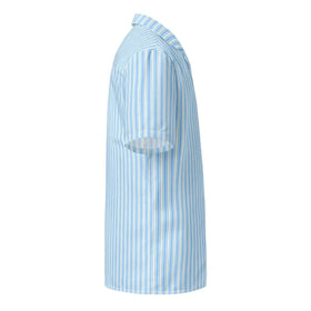 Light blue and white vertically striped short-sleeved button-up shirt.