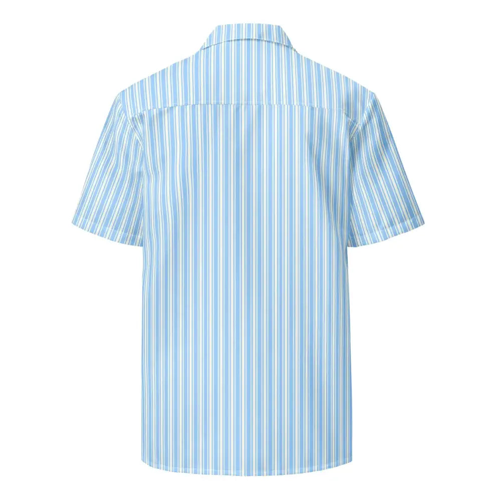 A light blue and white vertically striped short-sleeved button-up shirt.