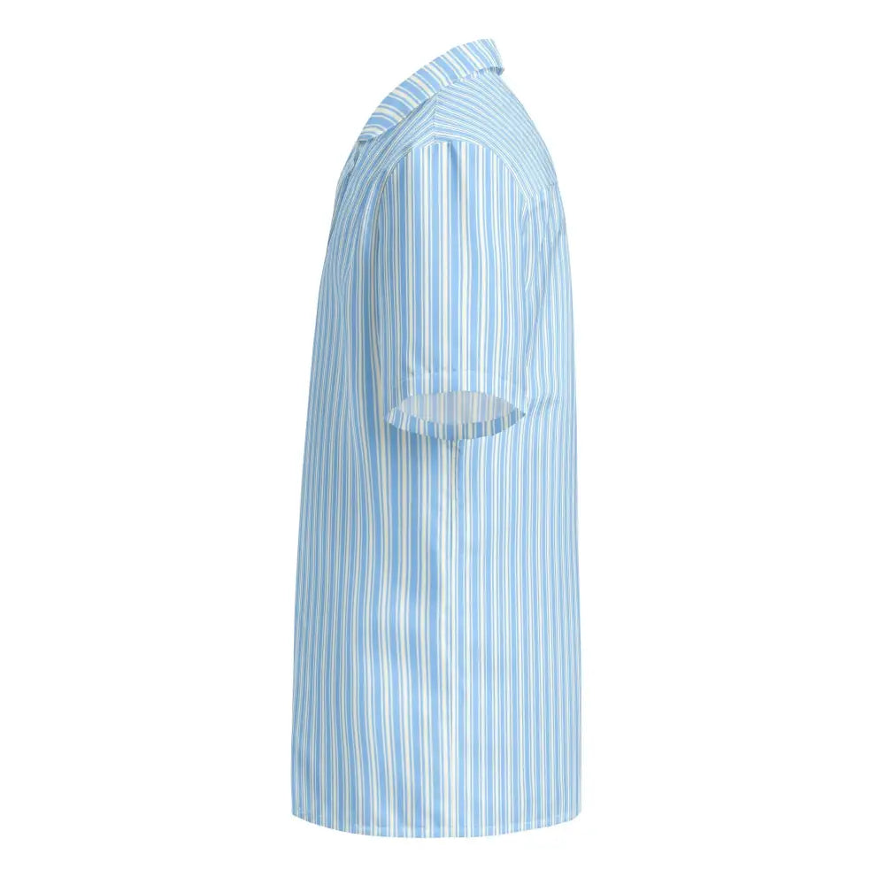 A light blue and white vertically striped short-sleeved button-up shirt.