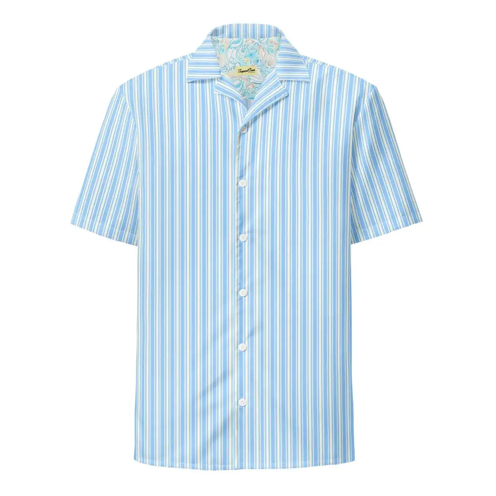 Light blue and white vertically striped short-sleeved button-up shirt with a collar.