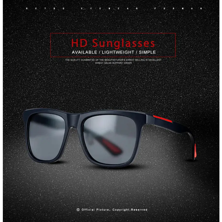 Black hd sunglasses with red accent stripes on the temples and gray-tinted lenses.