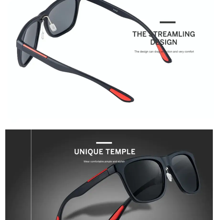 Black and red framed sunglasses with sleek, streamlined design.
