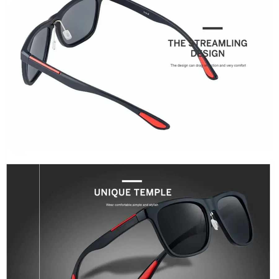 Black and red framed sunglasses with sleek, streamlined design.