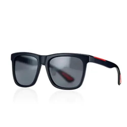 Black prada sunglasses with gray lenses and red accents on the temples.