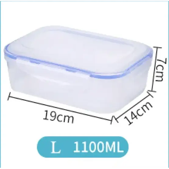 Clear rectangular glass food storage container with a matching lid featuring blue sealing edges and labeled as 1100ml capacity.