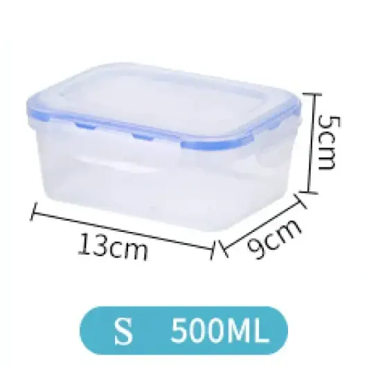Clear plastic rectangular food storage container with a light blue lid and matching sealing edge, labeled as size s for 500ml capacity.