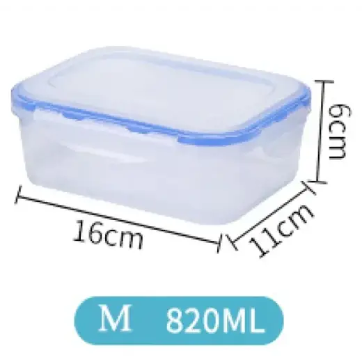 Clear plastic rectangular food storage container with a blue silicone seal and lid, labeled as medium size 820ml.