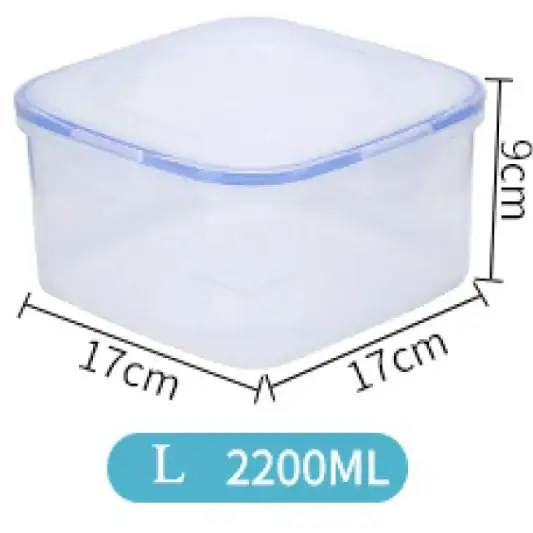 Clear plastic rectangular food storage container with a matching lid, featuring blue sealing edges and labeled as 2200ml capacity.
