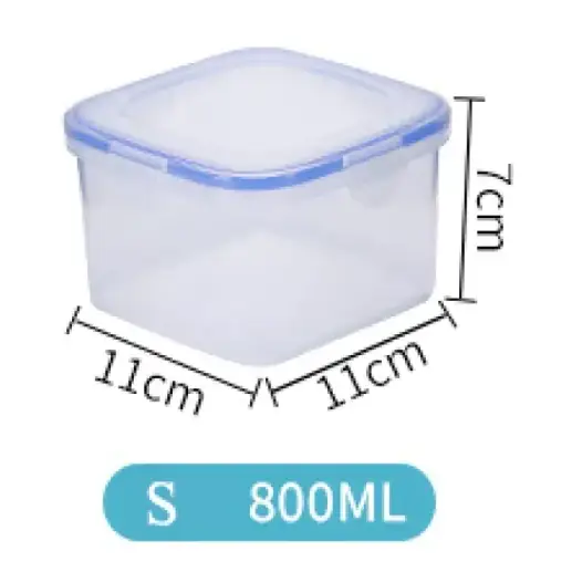 Clear plastic rectangular food storage container with a matching lid featuring blue sealing edges and labeled as 800ml capacity.