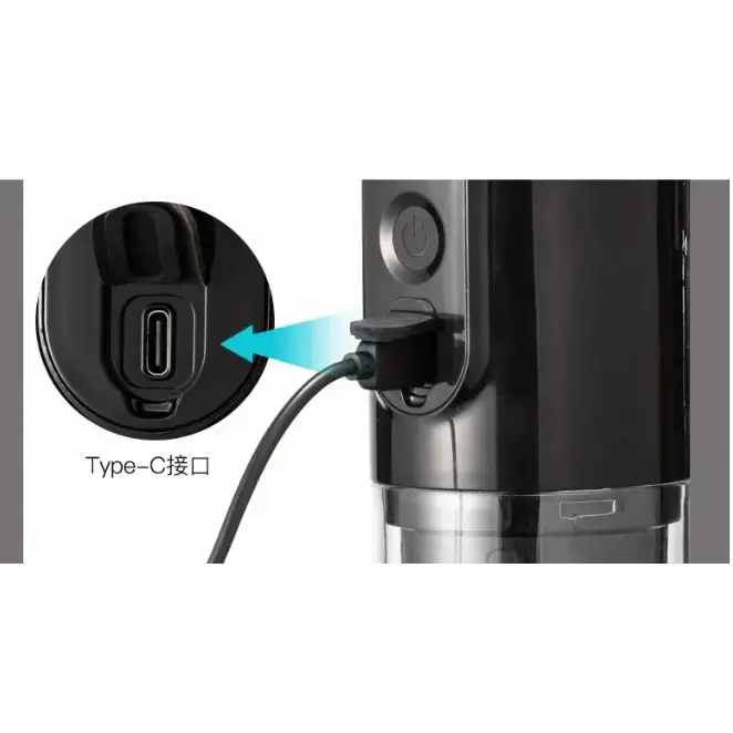 Black cylindrical electric blender with a type-c charging port and metallic base.