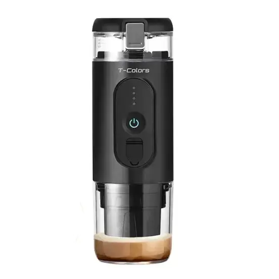 Black and transparent t-colors portable coffee maker with a sleek, compact design.